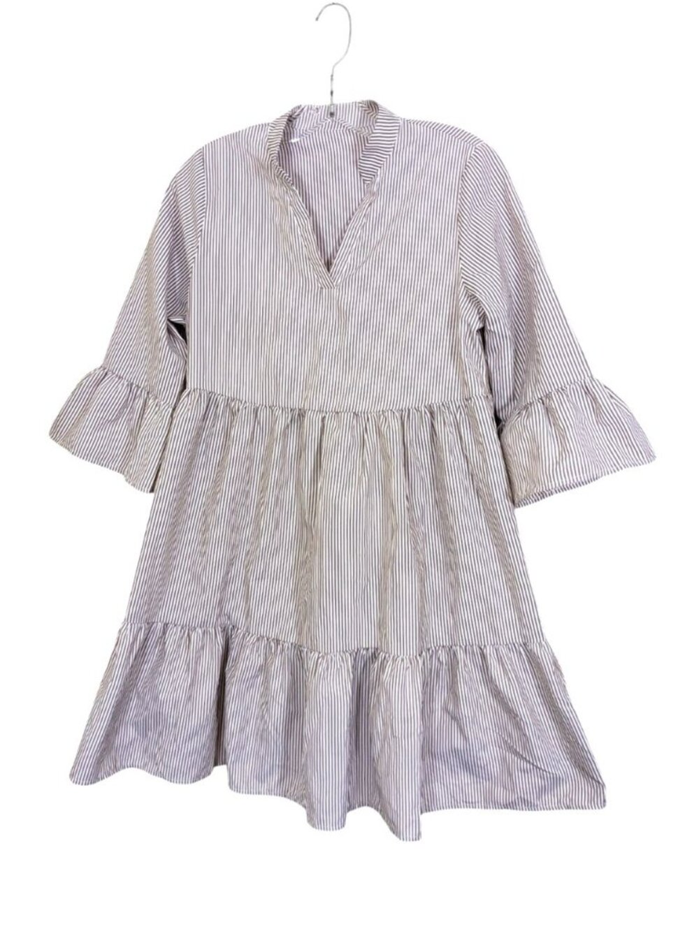 Fimarsted Womens New Midi Dress Tan Stripe Ruffle Hem Bell Sleeve Prairie Flirty